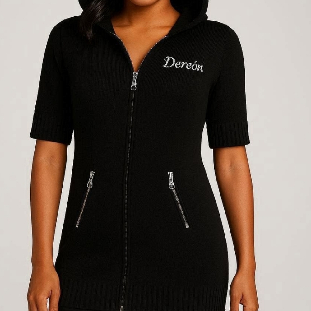 House of Dereon Black Zip Front Logo Hoodie Tunic Length Sweater size M